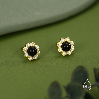 Vintage Inspired Black Onyx Flower Cz Stud Earrings In Sterling Silver, 7 of 12