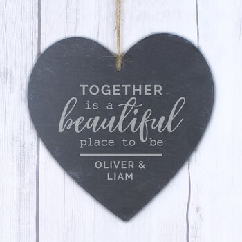 Personalised 'Together' Slate Hanging Heart Decoration, 2 of 10