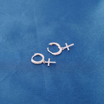 Cross Hoop Earrings Gold Paved Cross Earrings Dainty Hoop Earrings, 4 of 8