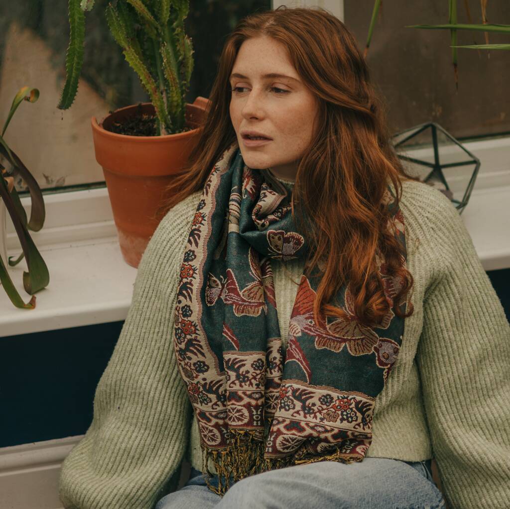 Dark Teal Scatter Butterfly Pashmina With Tassels, 1 of 2