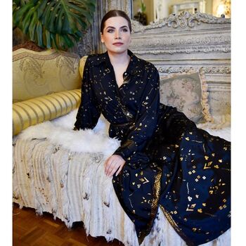 'Ember' Black And Gold Small Geo Print Long Tiered Dress, 7 of 8