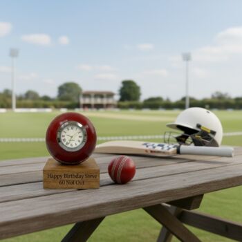 Cricket Ball Clock With Personalised Wood Plinth, 2 of 12