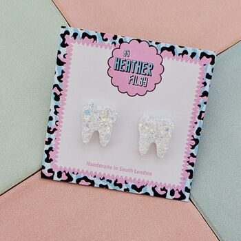 White Tooth Glitter Resin Stud Earrings, 3 of 4