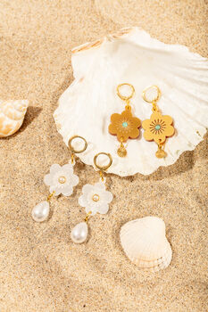18 K Gold Plated Huggie Hoops With Teardrop Pearl, Flower, And Ivory Pearl Rhinestone Dangle Earrings, 4 of 6
