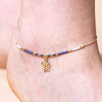 Blue Miyuki Bead Turtle Charm Cord Anklet In Gold, 2 of 4