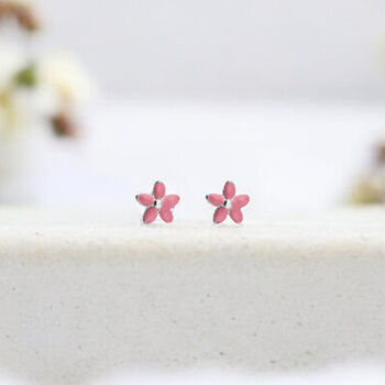 Mini Sterling Silver Pink Flower Stud Earrings, 2 of 4