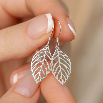 Recycled Sterling Silver Leaf Drop Earrings – 39mm, 2 of 6