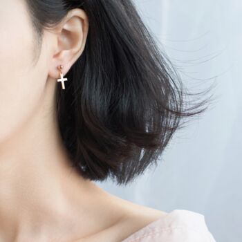 Rose Gold Colour Sterling Silver Cross Dangle Stud Earrings, 3 of 4