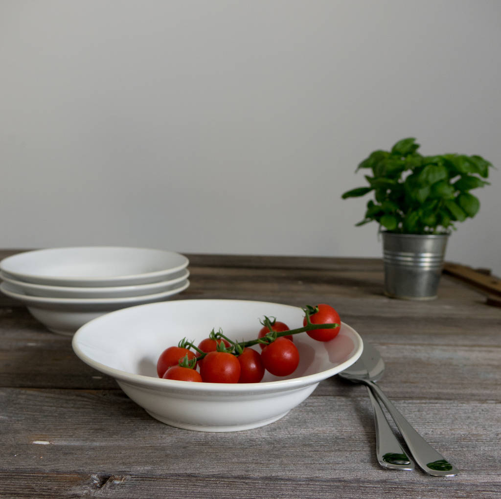 stoneware white pasta bowl by cottage in the hills