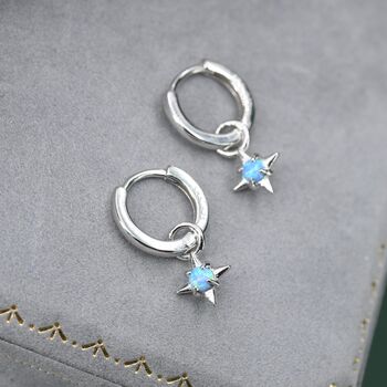 Sterling Silver Tiny Blue Opal Starburst Huggie Hoop Earrings, 3 of 12