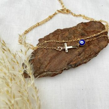 Gold Plated Evil Eye Cross Boho Layered Anklet, 3 of 4