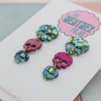 Triple Skull Glitter Earrings / Gothic Jewellery / Biker Style Jewellery / Gift For Goths, 4 of 4