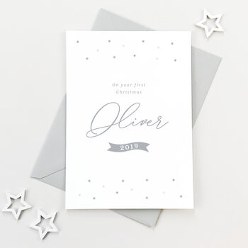 Personalised Grey Star Baby's First Christmas Card, 2 of 2