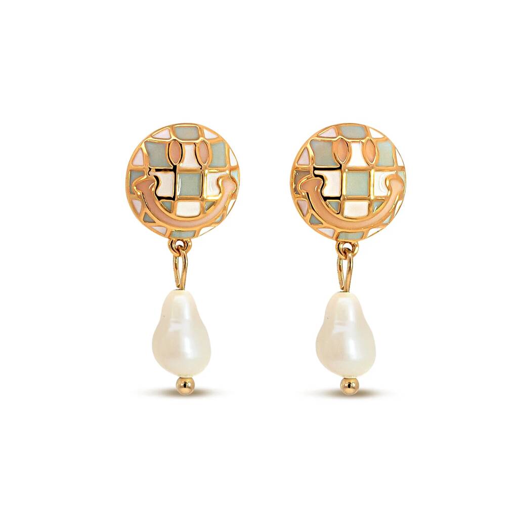 Blue And Pink Smiley Face Earrings With Drop Pearl