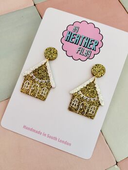 Gingerbread House Glitter Christmas Earrings / Festive Jewellery / Novelty Dangles / Christmas Gift / Sparkly Holiday Accessories, 3 of 6