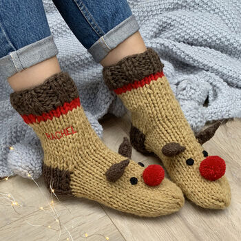 Hand Knitted Reindeer Wool Sofa Socks, 2 of 3