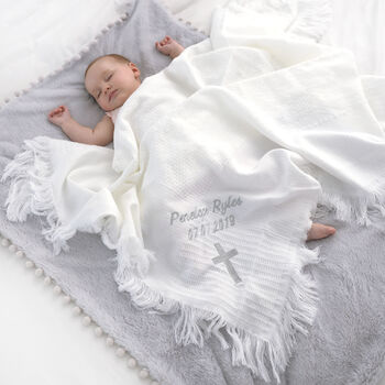 Personalised Baby Christening Silver Embroidered Shawl, 3 of 10