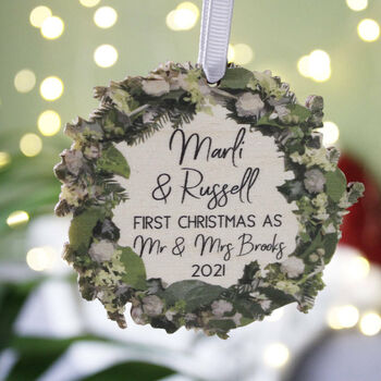 First Christmas As Mr And Mrs Wooden Wreath Ornament, 7 of 7