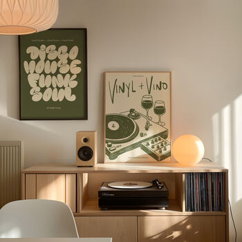 Vinyl And Vino Print | Music Poster | Home Decor | Wine | Illustration | Record | Bar | Trendy | Retro | Kitchen Dining Room | Mid Century, 2 of 9