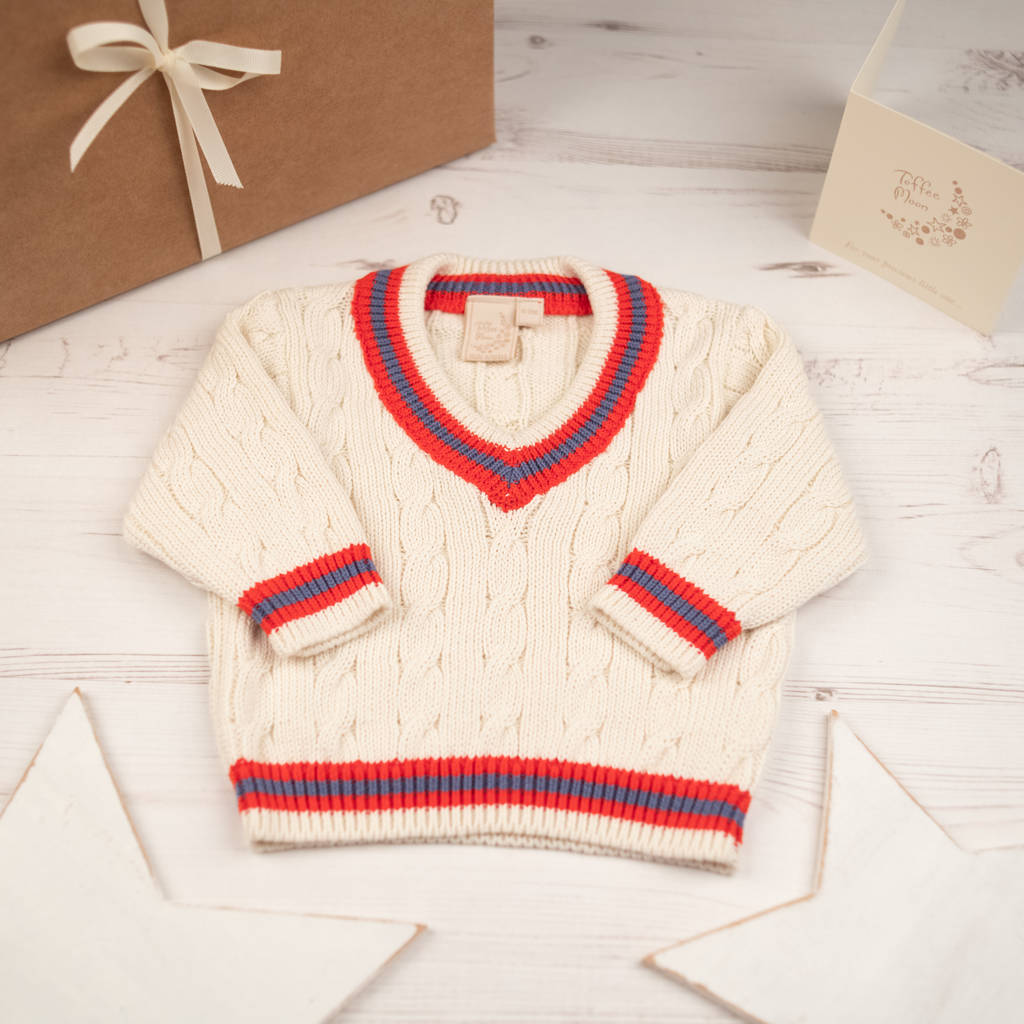 personalised baby boy cricket jumper by toffee moon