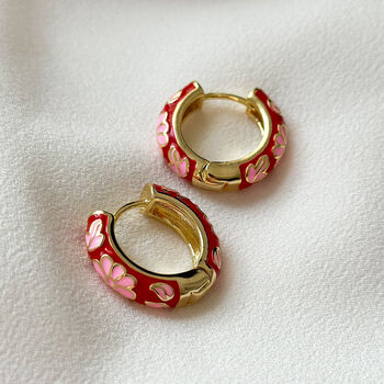 Enamel Floral Chunky Hoop Earrings Red, 2 of 2