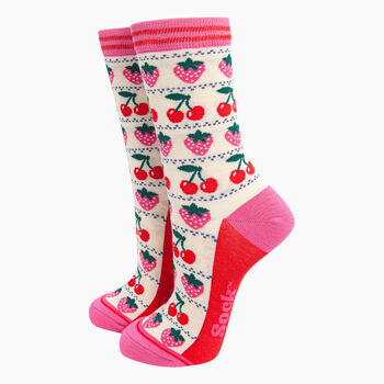 Women's Bamboo Socks Cream, Strawberry Cherry Fair Isle, 2 of 4