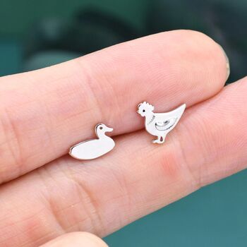 Mismatched Chicken And Duck Stud Earrings In Sterling Silver, 4 of 12