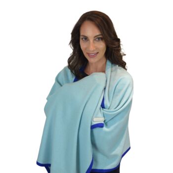 Aqua Blue Accent Border 00% Cashmere Travel Wrap Shawl Gift Boxed, 2 of 10