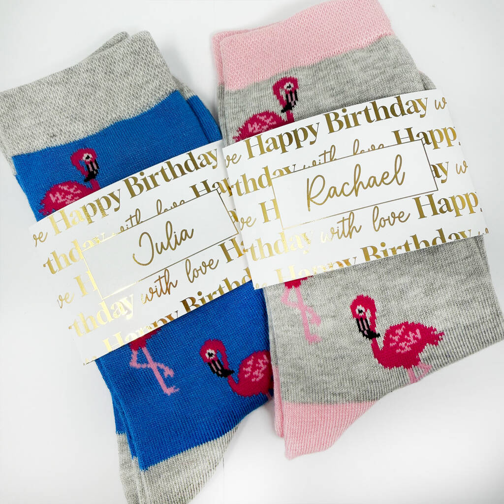 Birthday Flamingo Bamboo Socks With Gold Foil Label And Option To Personalise, 1 of 12