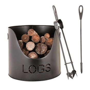 Black Iron Log Bucket With Poker And Tongs, 2 of 7