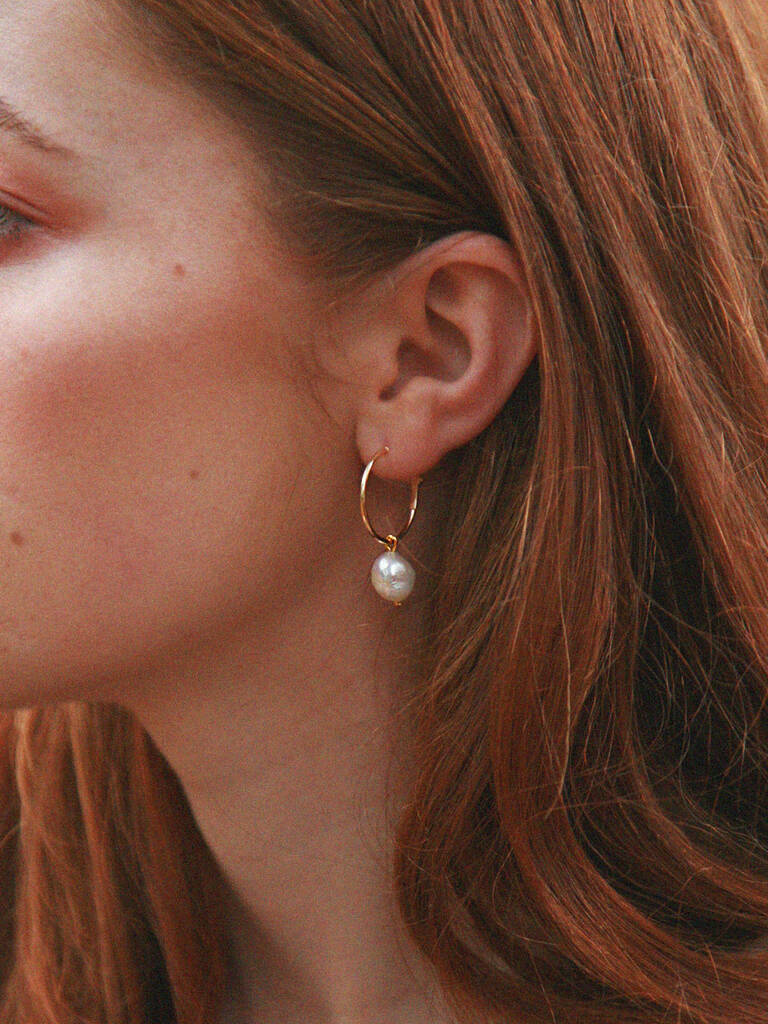 San 18k Gold Freshwater Pearl Hoop Earrings, 1 of 3