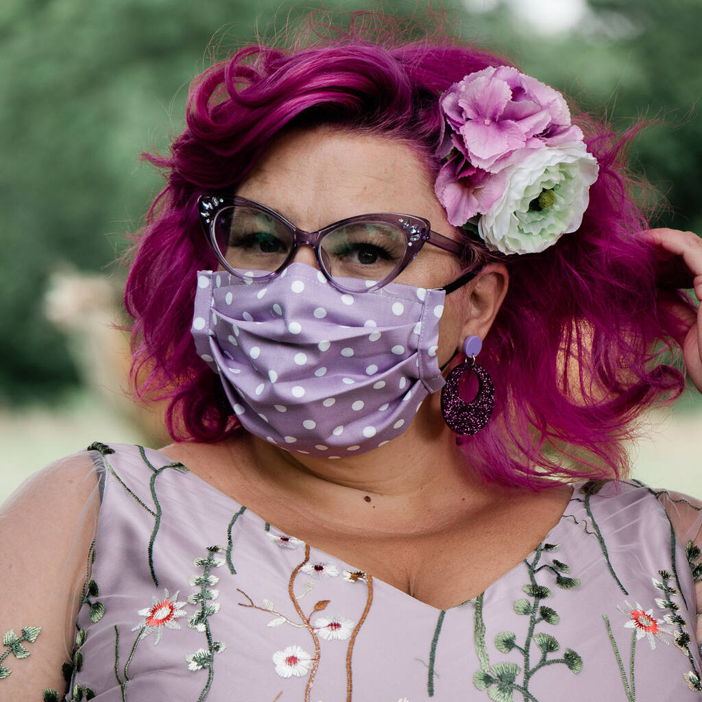 Lilac Polkadot Tie On Or Elastic Washable Face Masks
