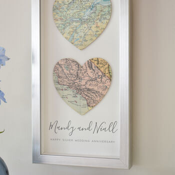 Silver Wedding Anniversary Map Hearts Portrait Print, 3 of 3