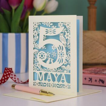 Personalised 5th Birthday Card Papercut Woodland Design, 5 of 7