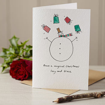 Personalised 'Juggling Snowman' Handmade Card, 2 of 10