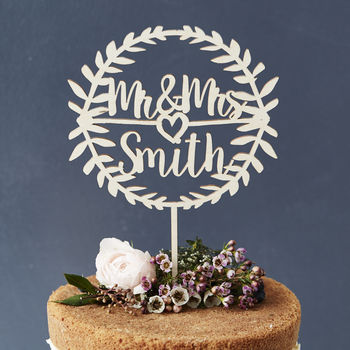 Personalised Laurel Wooden Wedding Cake Topper, 6 of 7