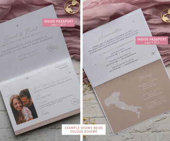 Dusky Pink Passport Invitation With Acrylic Plane Charms For Destination Wedding, 4 of 9