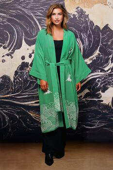 Origami And Hokusai Wave Embroidered Island Green Long Kimono, 3 of 12