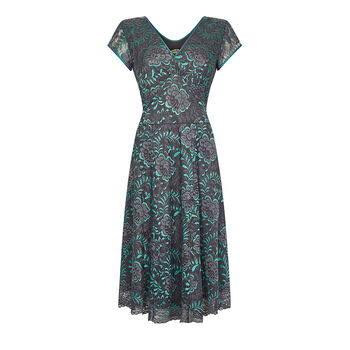 Two Toned Teal And Gunmetal Baroque Lace Dress, 2 of 4