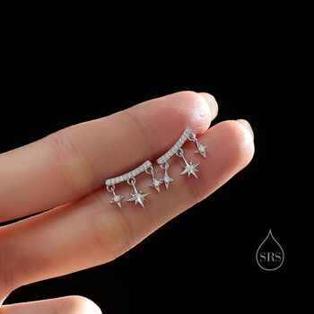 Dangling Star And Starburst Curved Bar Stud Earrings In Sterling Silver, 7 of 11