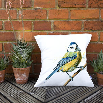 Inky Blue Tit Water Resistant Outdoor Garden Cushion, 7 of 8