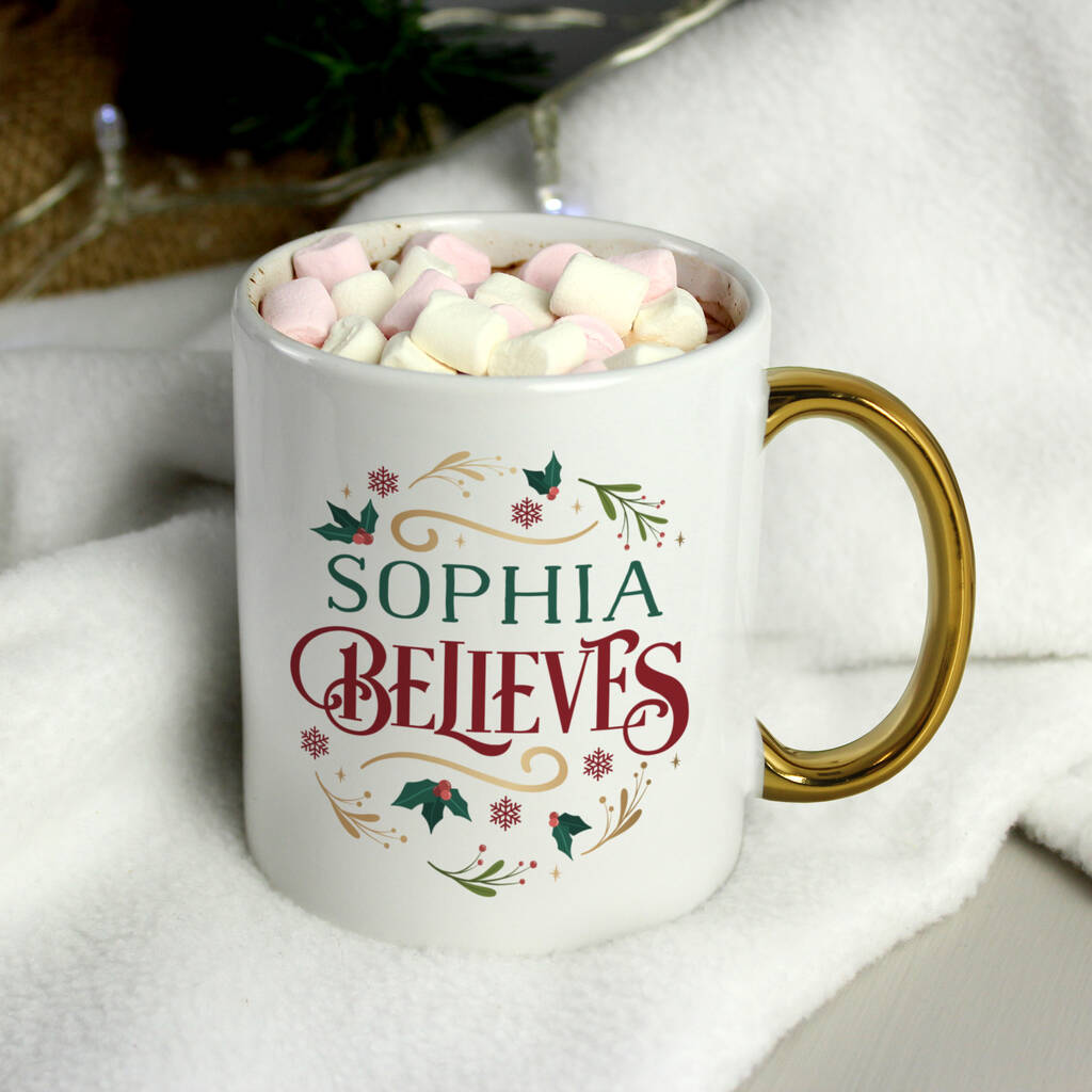 Personalised Believes In Christmas Gold Handled Mug, 1 of 2