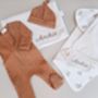 Personalised New Baby Gift Set, Handmade Newborn Blanket And Comforter With Wooden Teether, thumbnail 1 of 6