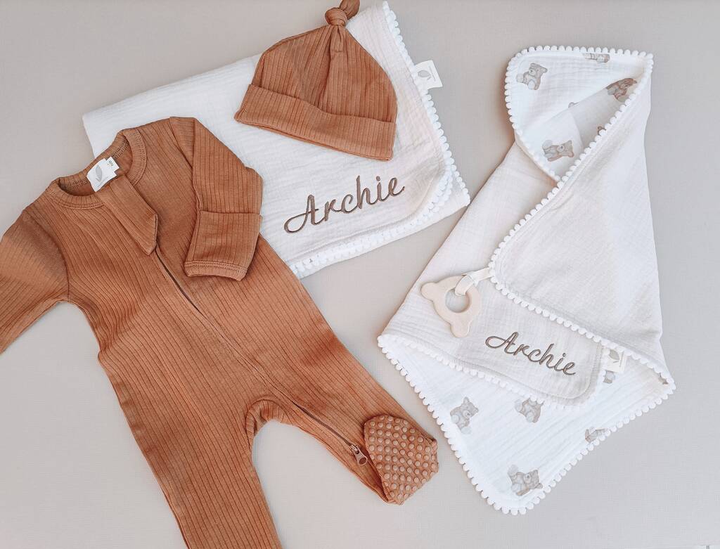 Personalised New Baby Gift Set, Handmade Newborn Blanket And Comforter With Wooden Teether, 1 of 6