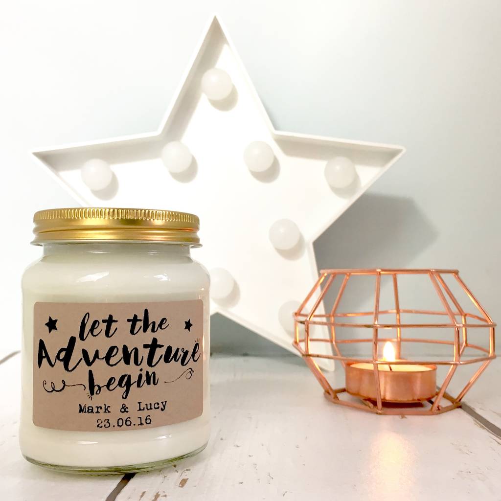 personalised 'let the adventure begin' soy candle by lollyrocket candle
