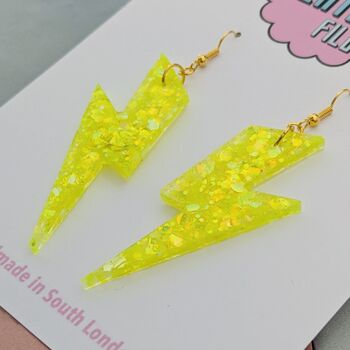 Neon Yellow Glitter Lightning Bolt Earrings Small And Large, 4 of 10