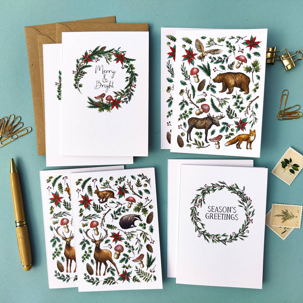 Eight X Christmas Cottagecore Woodland Card Set By Paper Willow