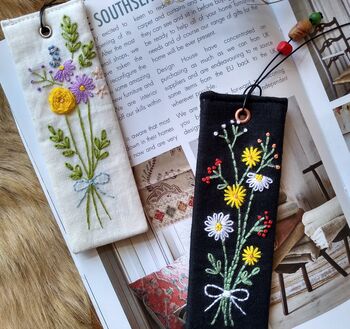 Hand Embroidered Flower Bouquet On Linen Bookmark, 2 of 5