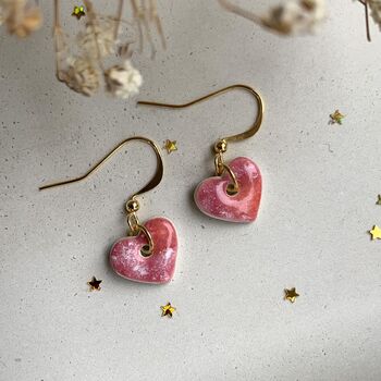 Small Speckled Pink Dainty Ceramic Heart Earrings, 7 of 7