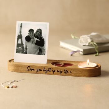 Personalised Candle And Photo Stand, With Red Leather Heart Jewellery Tray – Romantic Valentine’s Gift, 2 of 7